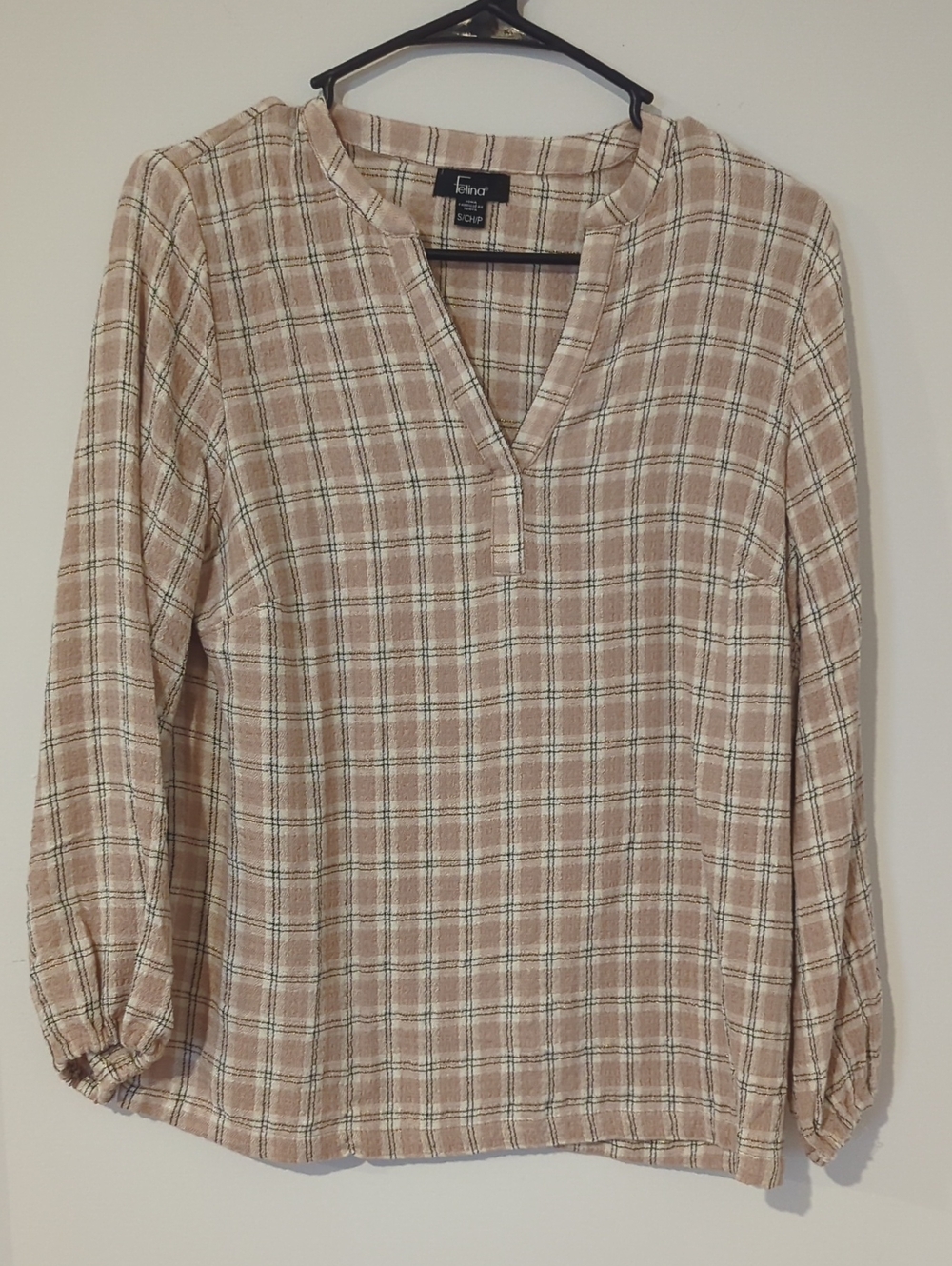 Felina Beige Plaid Split V-Neck Blouse